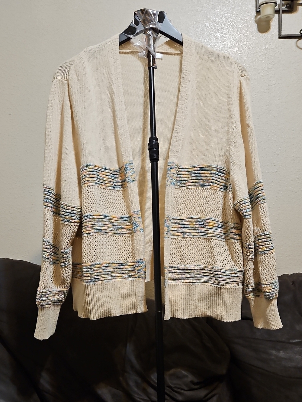 Cream Open-Front Lightweight Cardigan with Multicolor Stripe Accents